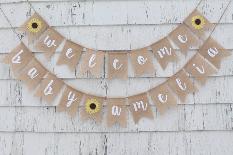 Sunflower Baby Shower Decorations, Welcome Baby Banner, Sunflower Baby Banner, Custom Baby Banner, Burlap Banner, Flower Baby Shower Decor afbeelding 4