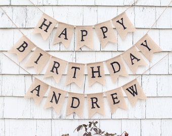 Happy Birthday Banner, Birthday Banner With Custom Name, Custom Personalized Birthday Burlap Banner, Rustic Birthday Party Decorations