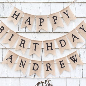 Happy Birthday Banner, Birthday Banner With Custom Name, Custom Personalized Birthday Burlap Banner, Rustic Birthday Party Decorations image 2