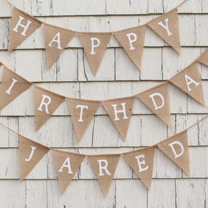 Custom Birthday Banner, Happy Birthday Burlap Banner, Happy Birthday Bunting, Rustic Birthday Decorations, Birthday Party Banner with Name image 1