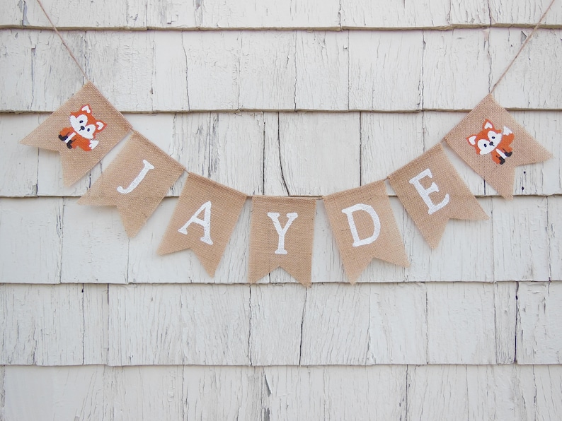 Custom Personalized Name Banner, Woodland Nursery Decor, Stag Deer Antlers, Custom Burlap Banner, Woodland Baby Shower Decor, Hunting Banner image 2