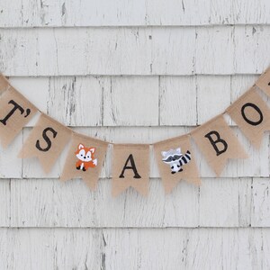 Boy Woodland Baby Shower, Its a Boy Banner, Woodland Shower Decorations, Its a boy Burlap Bunting, Woodland Animals, Fox Baby Shower Banner 画像 3