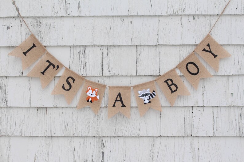 Boy Woodland Baby Shower, Its a Boy Banner, Woodland Shower Decorations, Its a boy Burlap Bunting, Woodland Animals, Fox Baby Shower Banner 画像 3