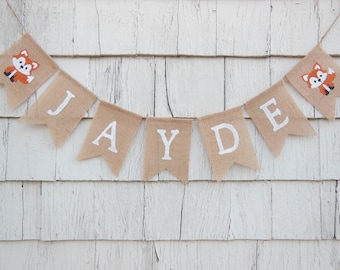 Fox Baby Shower, Fox Baby Shower Banner, Fox Nursery Decor, Custom Personalized Name Banner, Woodland Nursery Decor, Custom Burlap Banner