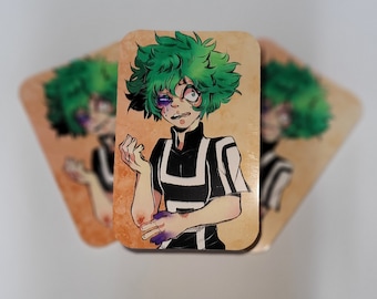 May include: A sticker featuring a cartoon character with green hair, a black and white striped shirt, and a black eye. The character has a distressed expression and is holding their arm.