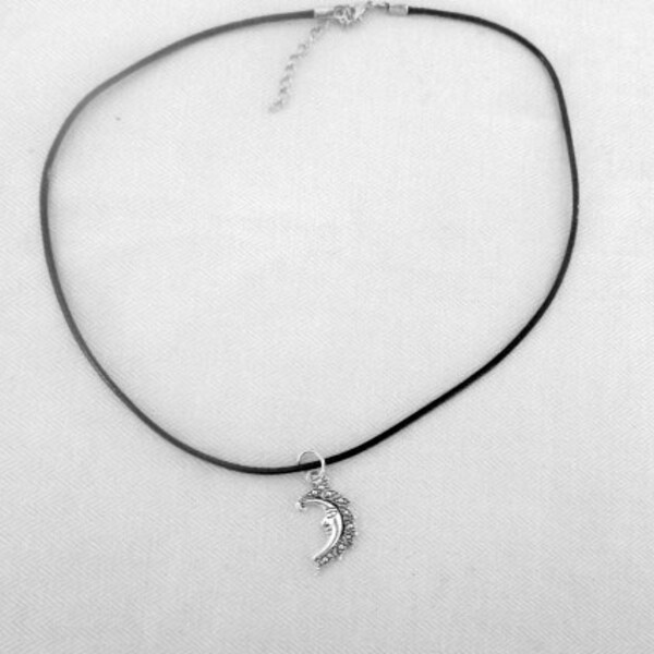 Silver Moon Black Leather Choker Necklace