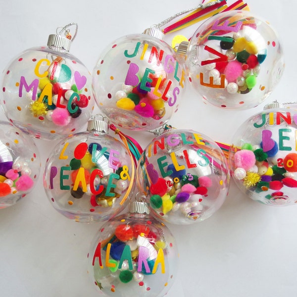 Personalised Christmas bauble- Colourful with pom poms.