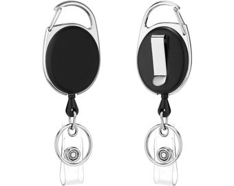 Heavy-duty Retractable Badge Holder Reels with Carabiner, Badge Clips, ID Clip, Badge Reels, Key Holder with Belt Clip (Black, 2 PCS)