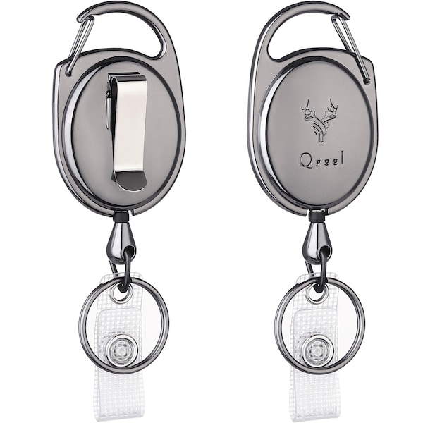 Premium Retractable Badge Holders - Heavy Duty Badge Reels - Steel Retractable Cord - Keychain with Belt Clip and Carabiner (Gun Grey, 1 PC)