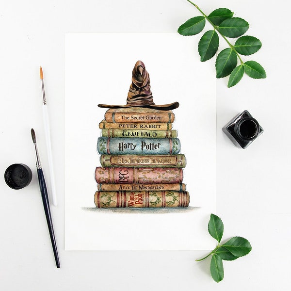 Favourite books. Watercolor books. Sorting hat. Wall art. Nursery print. Nursery art. Book art. Custom print. home decor. Illustration