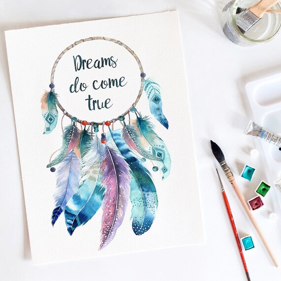 Dream Catcher Dreams Do Come True Watercolor Print Etsy