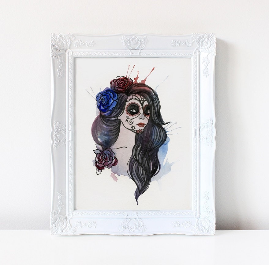 Day Of The Dead Gypsy Woman Watercolor Print Sugar Skull Etsy