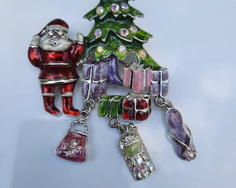 Silver tone Rhinestone Christmas tree brooch with Santa and charms, Christmas vintage jewelry, holiday brooch Gingerslittlegems