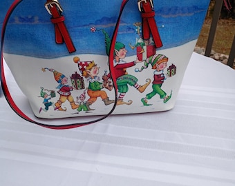 Vintage Christmas Elves tote bag pocketbook