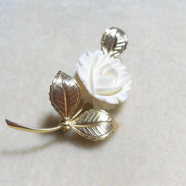 Carved Rose Brooch,  Faux Ivory Gold tone brooch, teacher gift, gift ideas, Gingerslittlegems
