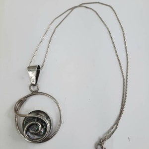 Large Modernist Swirl  Abalone Shell Sterling Silver Pendant Necklace, Abalone necklace, sterling silver chain. Vintage jewelry, blue shell