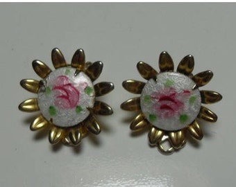 Pendientes de porcelana rosa rosa pintada sin a mano, clip vintage en, joyería hipster estilo victoriano, flores rosas, Gingerslittlegems