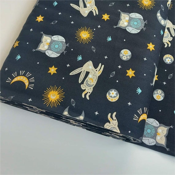 Owl Rabbit Print Cotton Poplin Fabric - Black, 145cm Wide