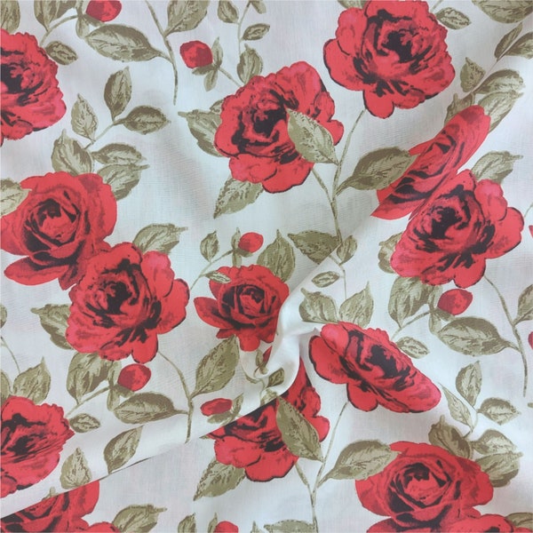 Fifties Rose On White Cotton, Fabric By The Half Metre, Cotton Fabric, Dressmaking Fabric