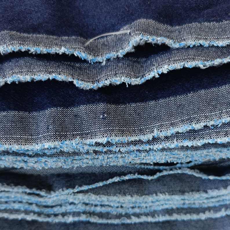May include: Close-up of a stack of blue denim fabric with frayed edges. The fabric is folded in layers, creating a textured and layered effect.