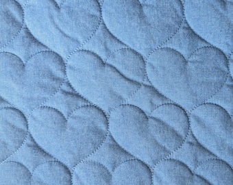 Blue Embroidered Hearts Quilted Chambray Fabric 140cm Wide For Dressmaking & Quilting Material By The Half Metre