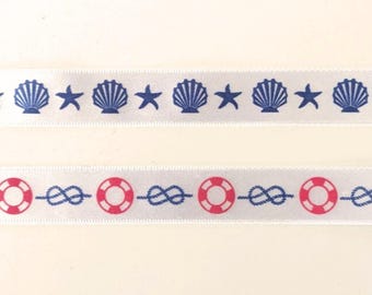 Satin Ribbon 'Shells And Starfish' 'Lifebuoy And Knots' 15mm Wide, By The Metre