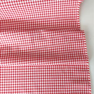 May include: Red and white gingham fabric with a white border. The fabric is folded in half and has a slight wrinkle.