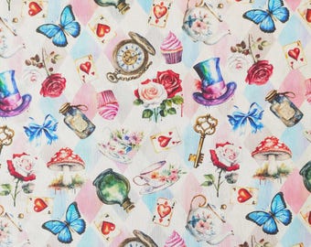 Cotton Fabric Alice In Wonderland 145cm Wide Material by the Half Metre