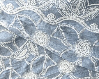 Floral Embroidered Cotton Chambray Dressmaking Fabric – 130cm Wide, Sold by the Half Metre