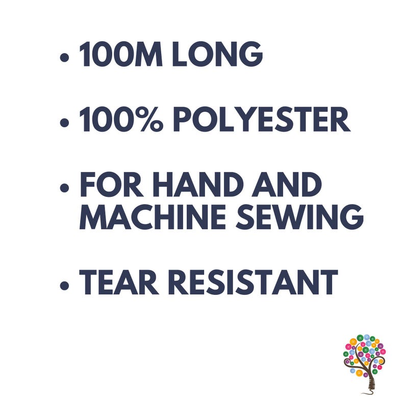 K&ouml;nnte beinhalten: Ein wei&szlig;er Hintergrund mit schwarzem Text, der die Eigenschaften eines Produkts auflistet. Der Text lautet: 100M LANG, 100% POLYESTER, F&Uuml;R HAND- UND MASCHINENN&Auml;HEN, REISSFEST.