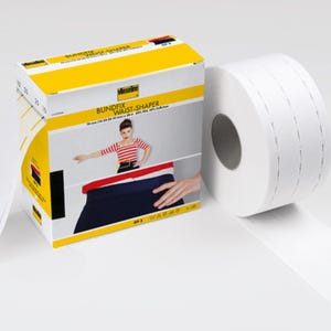 May include: A Vlieseline Bundfix waist-shaper roll in a yellow and white box. The packaging features a graphic of a person wearing a striped shirt and dark skirt, with text indicating 70 mm (10-25-35-10 mm) x 20 m, 60% PES, 40% Cellulose.