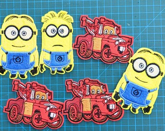 Embroidered Iron On Patches: Minions & Cars Designs - Set of 6