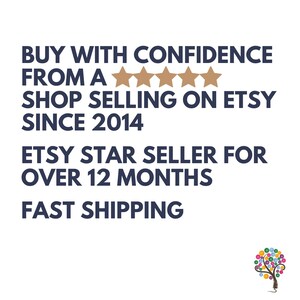 May include: Text graphic with the words "BUY WITH CONFIDENCE FROM A ★★★★★ SHOP SELLING ON ETSY SINCE 2014 ETSY STAR SELLER FOR OVER 12 MONTHS FAST SHIPPING"