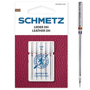 May include: A pack of 4 silver sewing needles for leather, labeled "SCHMETZ LEDER DH LEATHER DH 130/705 H DH 100 16".