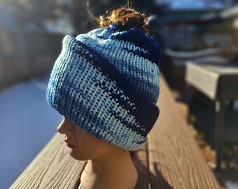 Messy Bun Knit Beanie Hat Dark Blue and Light Blue Acrylic Yarn Double Knit Brim Gift for Her