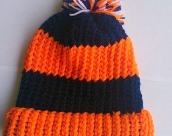 Knitted Hat  Beanie Slouch Beanie Orange Blue White with Pom Pom Striped  Sports Colors Can Make Any Two Colors Requested