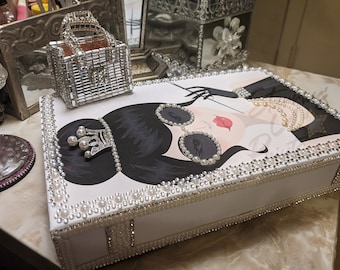 Personalized Glam Coffee Table Book Box, Glam Girl with Tiara, Fashion Storage Book Box, Custom Name Keepsake and Jewelry Box Decor