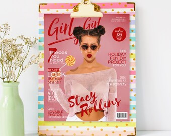 Personalized Girly Girl Magazine Cover, Custom Photo & Text, Gift for BFFs, Birthday, Fashion Lovers, Teen Girl Room Decor, Party Invitation