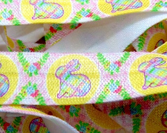 Easter Fold Over Elastic, 5/8" FOE, Bunny Rabbit, Elastic for Hair Ties, DIY Hair Tie FOE, Printed, Spring Print, Plaid Bunnies, Gingham