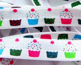 Cupcake Print Fold Over Elastic, 5/8 inch FOE, Soft Printed Elastics, Flat Sewing Supplies, DIY Hair Tie Making, Baker, Sprinkles, Bakery