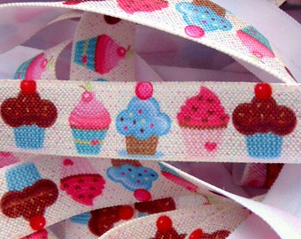 Cupcake Print Fold Over Elastic, 5/8 inch FOE, Soft Printed Elastics, Flat Sewing Supplies, DIY Hair Tie Making, Baker, Sprinkles, Bakery