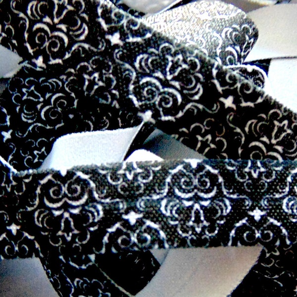 Black White Damask Print Fold Over Elastic, 5/8 inch FOE, Soft Printed Elastics, Flat Sewing Supplies, Fun DIY Hair Tie Making, Fancy Swirl