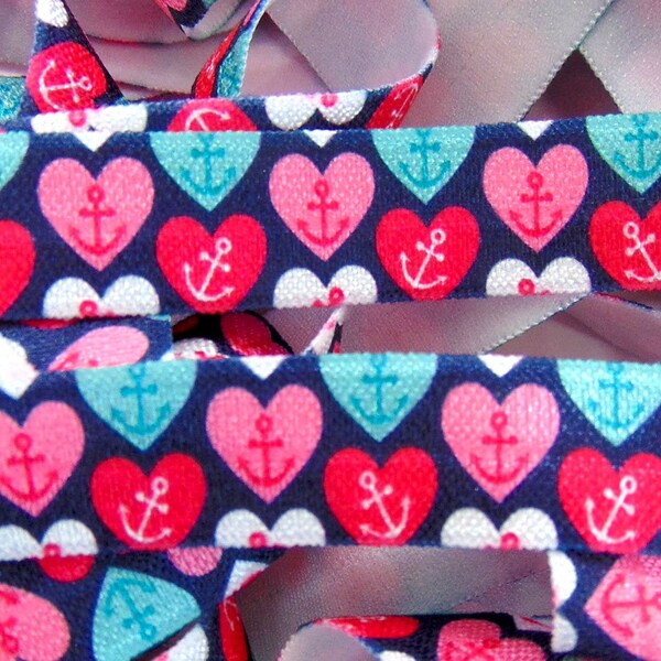 Anchor Print Fold Over Elastic, 5/8" FOE, Printed Elastic, Elastic for Hair Ties, DIY Hair Tie FOE, Hot Pink Aqua Navy Blue, Nautical Heart