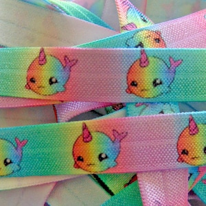 Narwhal Print Fold Over Elastic, 5/8&quot; FOE, Rainbow Printed Elastic, Elastic for Hair Ties, DIY Hair Tie FOE, Ocean, Under The Sea, Trendy