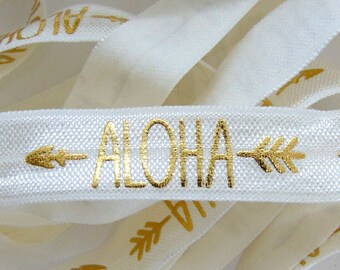 Aloha Print Fold Over Elastic, 5/8 inch FOE, Printed Elastics, Flat Sewing Supplies, Fun DIY Hair Tie Making, Luau, White and Gold Foil