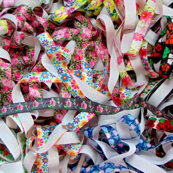 Grab Bag of Floral Print Fold Over Elastic, 5 10 15 20 50 100 Yards, 5/8 inch FOE, Hair Tie Making, DIY Headbands, Sewing Supplies, Craft