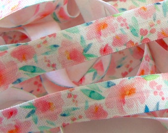 Floral Print Fold Over Elastic, 5/8 inch FOE, Soft Printed Elastics, Flat Sewing Supplies, DIY Hair Tie Making, Pink Watercolor, Flower FOE