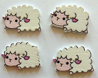 Sheep Buttons, Grab Bag, Farm Animal Buttons, Cute White Lambs, Flatback Wooden Buttons, Unique Sewing Fasteners, Craft Embellishment Supply