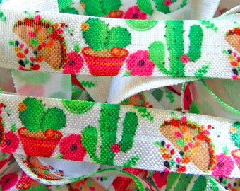 Cactus Taco Print Fold Over Elastic, 5/8 inch FOE, Soft Printed Elastics, Flat Sewing Supplies, DIY Hair Tie Making, Desert, Southwestern