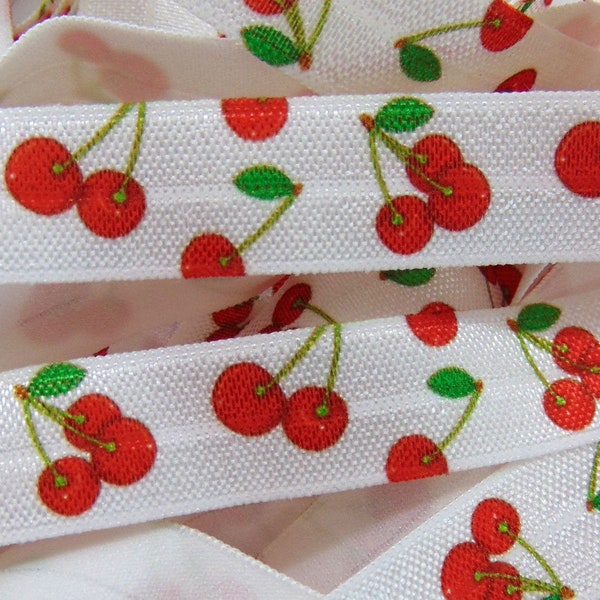 Cherry Print Fold Over Elastic, 5/8 Zoll FOE, weich gedruckte Gummibänder, flache Nähzubehör, lustige DIY-Haargummis, Obst, rote Kirschen